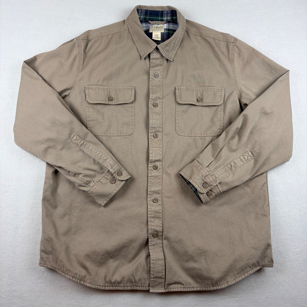 LL Bean Mens Large Hurricane Flannel Lined Overshirt Shacket Cotton Twill 298205